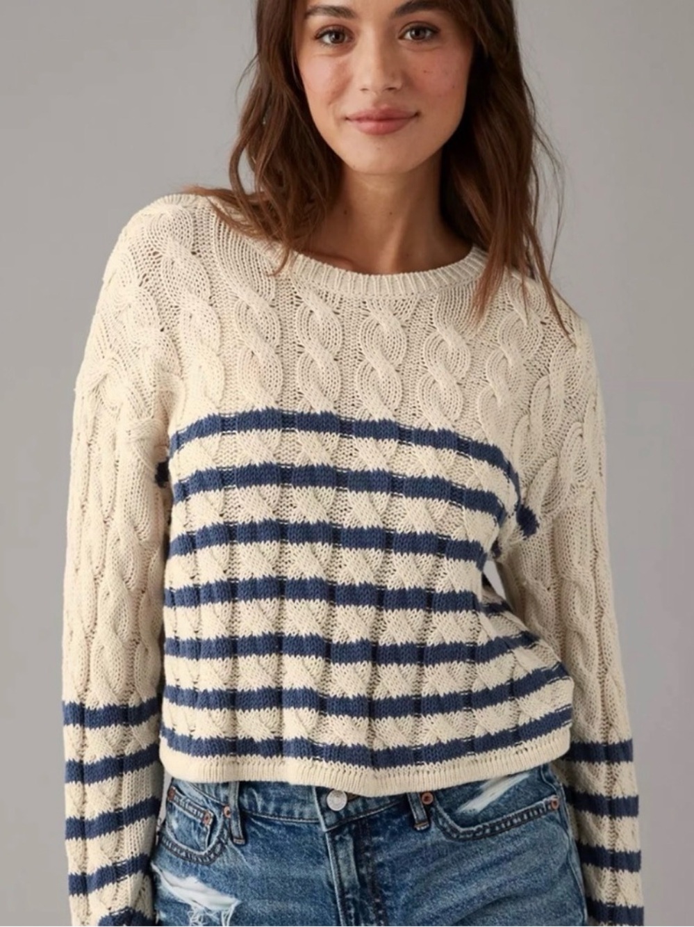 American Eagle Women’s L Cable Knit Striped Cotton Crewneck Sweater